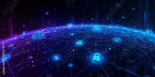 High tech cyber security background with connected cloud data system and digital lock symbols, illustrating internet safety, secure network protection and modern technology concept.
