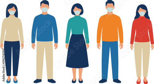 Flat vector illustration of a diverse group of men and women wearing protective face masks isolated on white backgroun