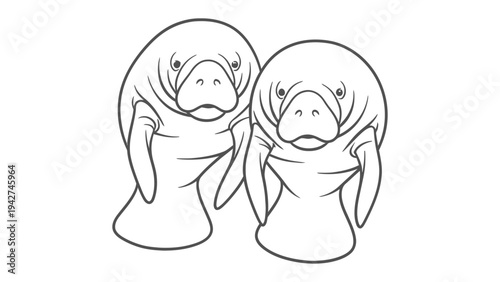 Gentle Duo: A captivating outline of two manatees, their serene faces and gentle forms a harmonious illustration.