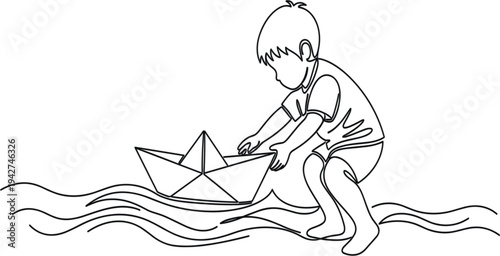 Child Playing with Paper Boat in Water Continuous Line Drawing Illustration for Childhood, Imagination, Outdoor Play, and Creative Learning Concept
