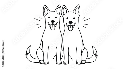 Twin Canine Delight: Two identical smiling dogs sit side-by-side, radiating joy and playfulness in a minimalist line art illustration, perfect for adding a touch of canine charm to any project.