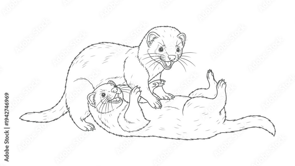 Obraz premium Playful Polecats in Ink: A dynamic sketch showcases two lively polecats in a moment of playful interaction, capturing the energy and joy of their spirited game. 
