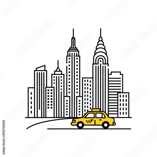 Yellow Taxi Cab Driving on City Street.