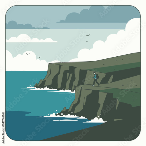 Man walking on a cliff edge overlooking the sea.
