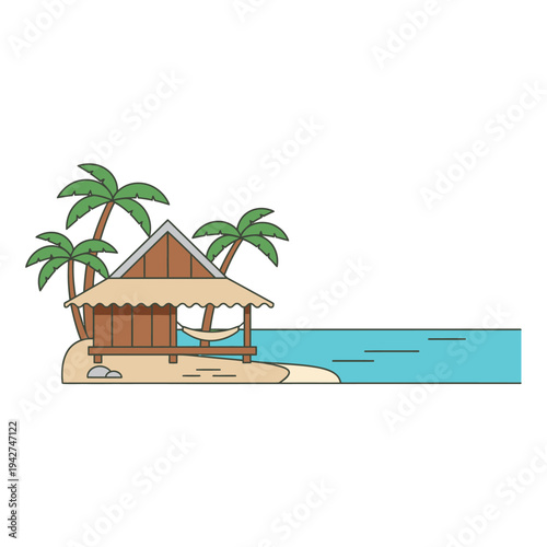 Tropical Beach Hut with Palm Trees and Hammock.