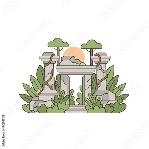 Ancient Stone Ruins Overgrown with Lush Greenery.