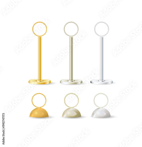 Metal card holder stand with clip for memo display on table. Blank sign template for business info, restaurant menu, or office desk presentation. Vector