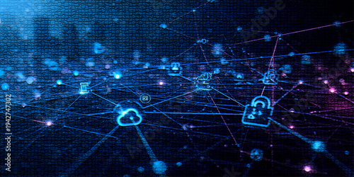 Global digital network with secure cloud storage and glowing lock icons, concept of cyber security, data encryption, online privacy protection and advanced technology infrastructure.