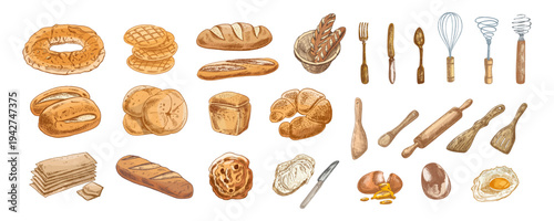 Hand drawn vintage bakery food and kitchen utensils set with bread pastry eggs whisk rolling pin tools illustration