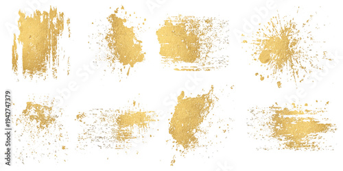 Luxury golden grunge paint brush stroke set splash vector design. abstract gold foil stain artistic line element banner border frame background.
