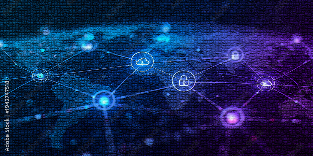 Obraz premium Futuristic cyber security network with glowing lock icons and cloud connections, digital data protection concept showing secure internet technology and global information safety system.