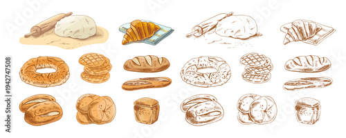 Hand drawn vintage bakery bread and pastry collection with croissant bagel buns loaf baguette color monochrome illustration set