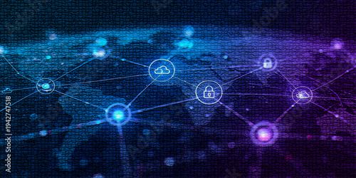 Futuristic cyber security network with glowing lock icons and cloud connections, digital data protection concept showing secure internet technology and global information safety system.