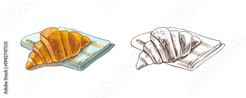Hand drawn vintage croissant pastry on napkin bakery breakfast food illustration with color and monochrome version