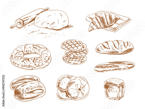Hand drawn vintage bakery bread and pastry set with bagel buns loaf baguette croissant dough baking illustration