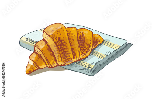 Hand drawn vintage croissant pastry on napkin bakery breakfast food illustration in retro engraved style
