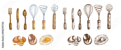 Hand drawn vintage kitchen utensils and egg cooking set with fork knife spoon whisk illustration color monochrome