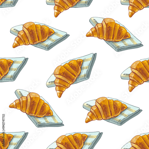 Hand drawn vintage croissant pastry seamless pattern with bakery breakfast food illustration in retro engraved style