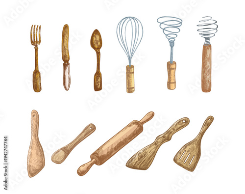 Hand drawn vintage kitchen utensils cooking set with fork knife spoon whisk rolling pin spatula illustration