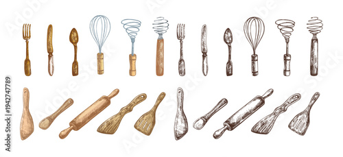 Hand drawn vintage kitchen utensils collection with fork knife spoon whisk rolling pin spatula color monochrome illustration set