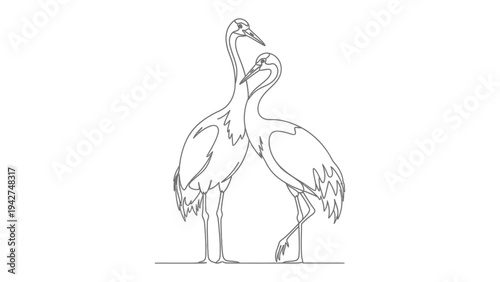 Crane Couple in Intimacy: Two graceful cranes embrace, a symbol of intimacy and connection. They stand side by side, their necks intertwined, a testament to partnership and affection. The scene.