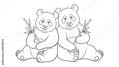 Panda Bears' Peaceful Moment: A black and white illustration of two adorable panda bears embracing a bamboo stalk, each showcasing their distinctive fur patterns in a heartwarming display of wildlife.