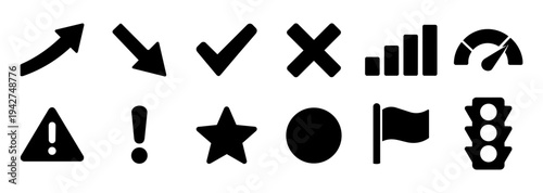 Data Visualization and Spreadsheet Status Icons Set – Trend Arrows, Check Mark, Warning, Progress Bars, KPI Dashboard Indicators, Black Vector Symbols