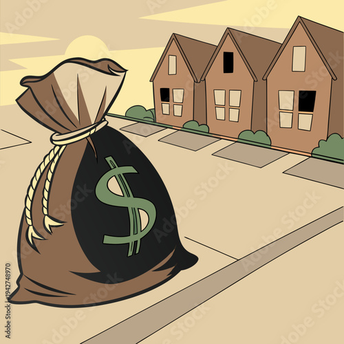Money bag with dollar sign on suburban street with houses