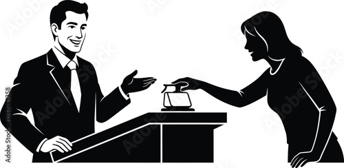 Businessman and woman exchanging a briefcase at a desk isolated on white background