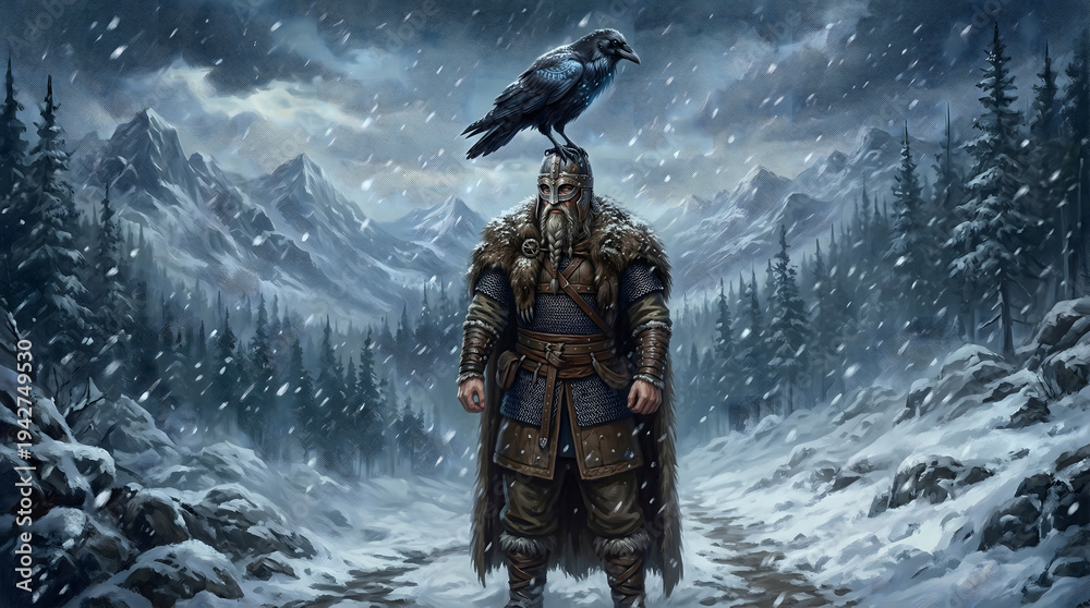 Naklejka premium Viking Warrior with Raven Perched on Helmet in Snowy Mountain