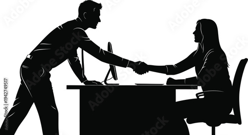 Business people shaking hands in office setting with desk and chair isolated on white background