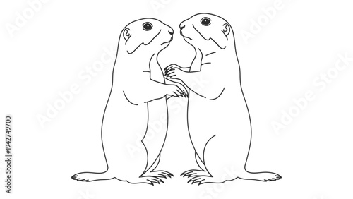 Prairie Dog Affection: Two prairie dogs tenderly hold paws, illustrating a moment of connection and tenderness between the pair, with lines that are simple.
