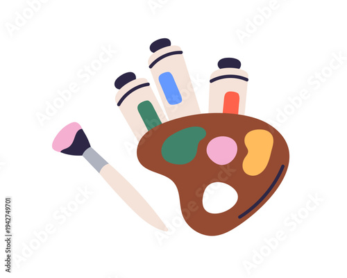 Color palette with paint brush and oil tubes. Colour pallette and paintbrush for painting and drawing. Artist board for pigment mix. Flat vector illustration isolated on white background
