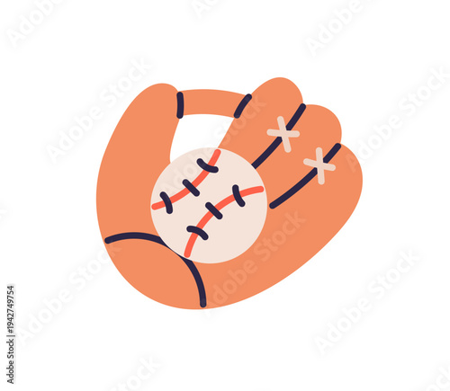 Baseball glove, mitt and ball for catching, throwing in american sport game. Sporty equipment, player accessories, gears for championship. Flat vector illustration isolated on white background