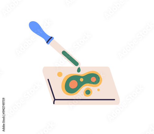 Laboratory dropper, pipette and sample slide for biology and chemistry. Science research. Lab test, analysis, chemical experiment with bacteria. Flat vector illustration isolated on white background