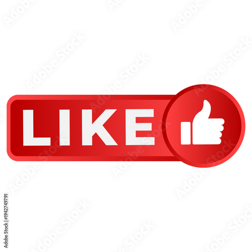 Red like button icon with white text and thumbs up symbol on white background