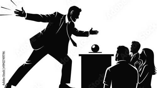 Businessman throwing papers at people sitting at a desk in a black silhouette isolated on white background