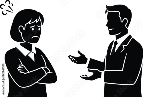 Black silhouette of a man and woman having a conversation with questioning expressions isolated on white background