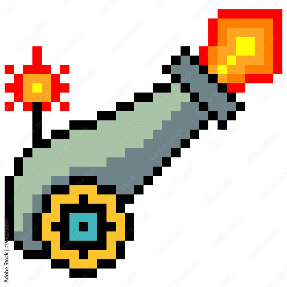 Fototapeta premium Cannon weapon with 8 bit retro pixel art