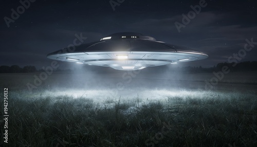 Unidentified flying object hovering low above countryside field at night