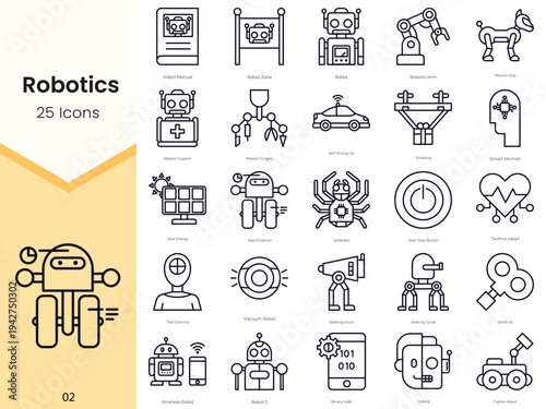 Simple Outline Set of Robotics Icons. Thin Line Collection contains such Icons as robot, robotic arm, robotic dog, robotic support and more
