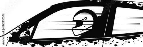 Racing driver wearing helmet speeding in a car isolated on white background