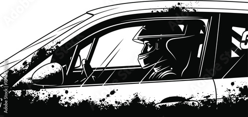 Black and white illustration of a person wearing a gas mask sitting in a damaged car isolated on white background