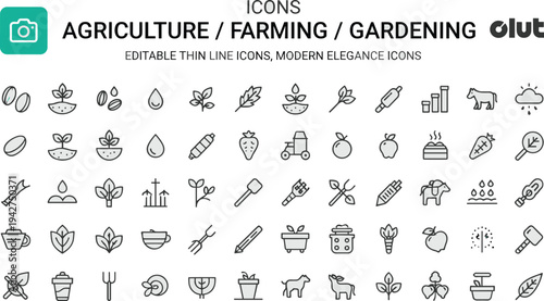 Agriculture icons set, farming tools, gardening equipment, seeds, plants, fruits, vegetables, water droplets, animals, modern thin line, editable design