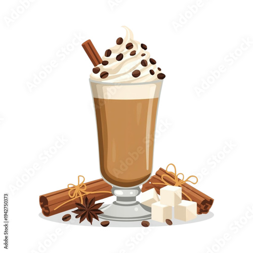 Iced Chocolate or Coffee with Whipped Cream, Cinnamon Sticks, and Star Anise Illustration
