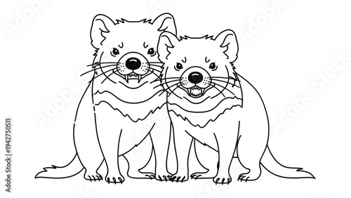 Devilish Duo: Line drawing of a pair of Tasmanian devils, their expressive faces and distinctive features brought to life in stark black and white.