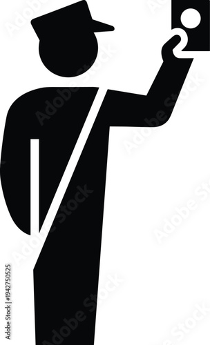 Customs officer icon, border control, passport check, immigration security, airport signage, travel inspection, black line illustration, official document verification, authority