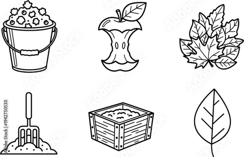 Collection of simple line art icons representing gardening and autumn elements