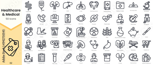 Simple Outline Set of Healthcare & Medical Icons. Thin Line Collection contains such Icons as kidneys, liver, lungs, lymph nodes, male reproductive, medical book and more