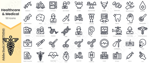 Simple Outline Set of Healthcare & Medical Icons. Thin Line Collection contains such Icons as addiction, ambulance, ayurvedic, baby, balanced diet, bladder, blood cells and more